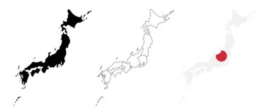 Japan map silhouette. Solid black shape, administrative regions and Japanese national flag sign. Geographic and political country symbol. East Asian identity pictogram. Vector map illustration.