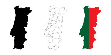 Portugal map flag. Stylized map with national flag overlay vector illustration. European country shape used in political and geographic contexts symbol. Travel, location and identity sign.