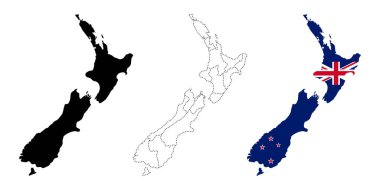 New Zealand map flag. North and South Islands silhouette with flag and border detail vector illustration. Geographical and political representation symbol. Country shape sign.