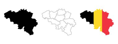 Belgium map icon. Black silhouette, dotted regional borders, and tricolor flag version vector illustration. Political geography sign. National territory and identity symbol. European country pictogram