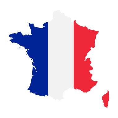 Fransa ikonu. Ülke şekli ulusal mavi, beyaz ve kırmızı üç renkli bayrak çizimi ile dolu. Avrupa coğrafya sembolü. Ulusal bölge işareti. Fransız devlet resmi.