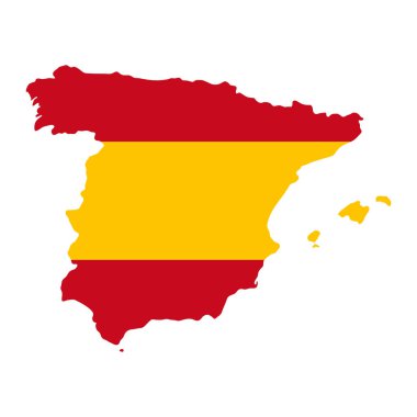 İspanya harita simgesi. İspanya bayrak vektör illüstrasyonunun kırmızı ve sarı renklerinde ulusal bölge. Ülke sınırı tabelası. Avrupa bölgesi sembolü. Coğrafi siluet resim grafiği.