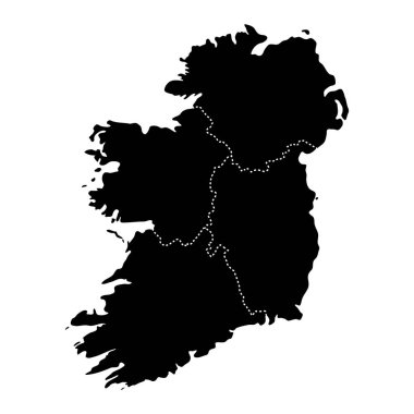 İrlanda bölgesel sınır haritası. İrlanda 'nın siyah silueti ve görünür bir idari sınır çizimi. Federal Bölge Bölümü işareti. Coğrafi ve siyasi sınır sembolü.