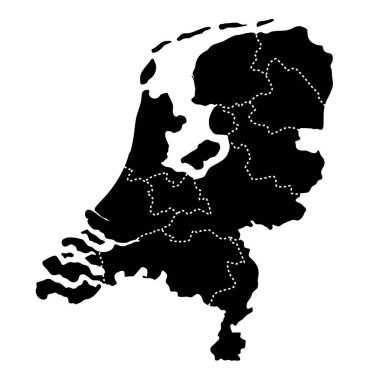 Hollanda bölgesel sınır haritası. Görünür bir idari sınır çizimi olan Hollanda 'nın siyah silueti. Federal Bölge Bölümü işareti. Coğrafi ve siyasi sınırlar.