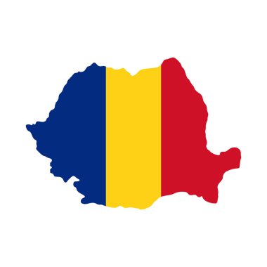 Romanya harita simgesi. Romanya 'nın renkli silueti ulusal bayrak vektör illüstrasyonuyla dolu. Avrupa ülke sınırı tabelası. Siyasi coğrafya sembolü. Ulusal kimlik resmi