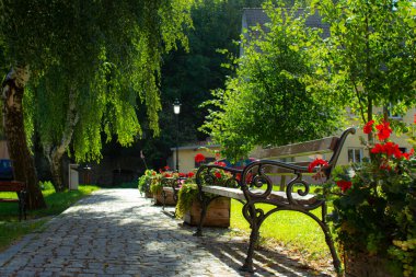 Büyüleyici bir patika yemyeşil bir bahçe boyunca uzanır, canlı çiçeklerle çevrili banklar sergilenir. Güneş ışığı yeşil ağaçların arasından süzülür ve gezinmek için mükemmel sakin bir atmosfer yaratır..