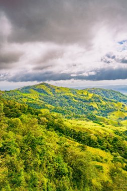 Monteverde 'nin yemyeşil yamaçları dinamik bir gökyüzü altında zengin biyolojik çeşitliliği ve Puntarenas Eyaleti, Kosta Rika' nın katmanlı dağ manzaralarını sergiliyor. Yüksek kalite fotoğraf