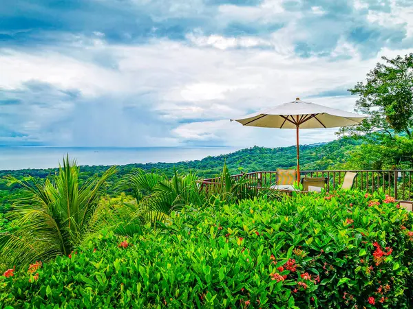 Una Terraza Tranquila Con Paraguas Abierto Con Vistas Exuberante Paisaje Fotos de stock libres de derechos