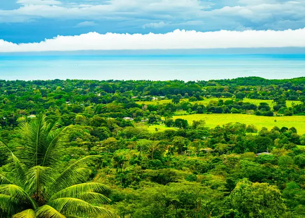コスタリカの太平洋岸の快適な風景は ダイナミックな空の下で静かな青い海に緑豊かな熱帯雨林が移行しています 高品質の写真 ロイヤリティフリーのストック画像