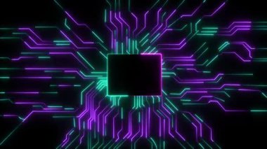 Soyut teknoloji geçmişinin 3 boyutlu illüstrasyonu. Neon ışıklı ve ışıklı neon tünel.