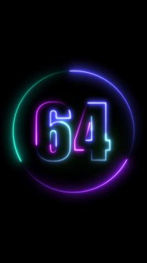 3D numara 64. Açık mavi ışıklı neon ışıkları siyah arkaplanda izole edilmiş..