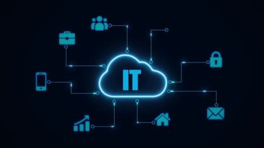 Koyu arkaplanda bulut hesaplama simgeleri olan bulut ağ teknolojisi kavramı
