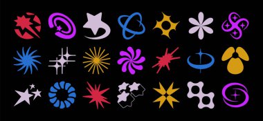 Retro renkli Y2K elementleri. Tasarım, projeler, posterler, afişler ve kartvizitler için evrensel şekiller. Elementler koleksiyonu