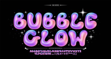 Parlak eğimli kabarcık yazı tipi. Şişmiş alfabe, 3D renkli balon harfler ve sayılar. Vektör seti