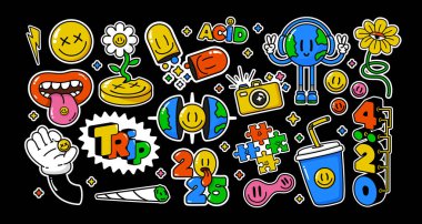 Tuhaf çizgi film karakterleri çıkartması. Soyut psikedelik gülümseme hapları, asidik dil çıkarma, 4: 20 'de sigara içme. Renkli etiketlerin vektör kümesi