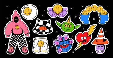 Asit çizgi film karakteri seti. Gülen yüzlü, fantezi yaratıklı ve oyuncu grafikli muhteşem maskot çizimleri. Vektör etiket paketi