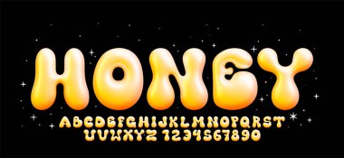 Parlak baloncuk yazı tipi. Şişmiş alfabe, 3 boyutlu sarı balon harfler ve sayılar. Vektör seti