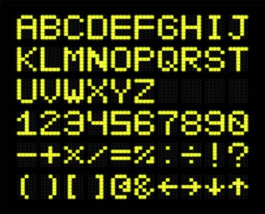 Kare LED matris dijital yazı tipi. Parlak yeşil alfabe, sayı ve puan tablosu için semboller ve arayüz görüntüsü. Vektör