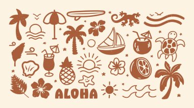 Hawaii sahilleri ve tropikal ada karalamaları. Yaz sörfü, kaplumbağa, palmiye ağacı, kokteyller, çiçekler ve Aloha harfleri. Vektör koleksiyonu
