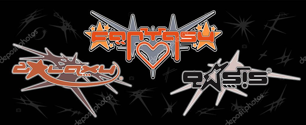 Retro colorful Y2K elements. Abstract brutalism graphic with spike shapes, streetwear t-shirt slogan typography style logo. Vector set