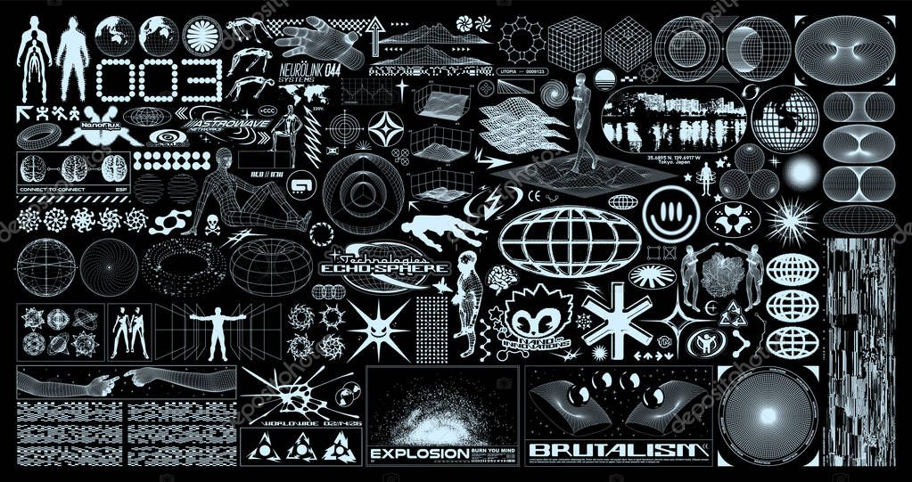 Brutalism graphic shapes. Retro-futuristic grunge elements for design, geometric universal wireframe shape, silhouettes of people, fake logo. Blanks for a poster, banner, business card, sticker