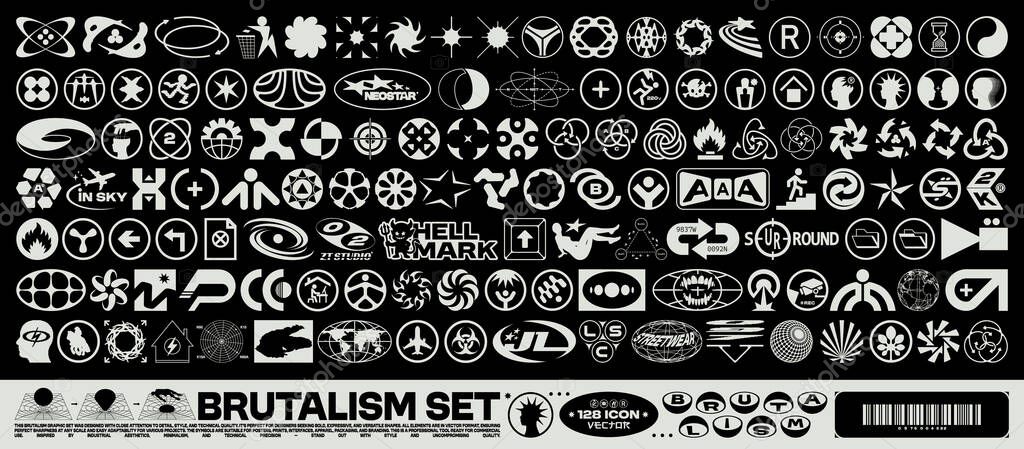 Brutalism icon abstract shapes. Fake logos, techno symbols and graphic elements. Retro Y2K streetwear style for poster, sticker, label or UI design. Vector set