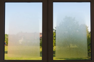 Güneşli bir kırsal günde bahçedeki yeşillikleri, ağaçları ve açık gökyüzünü gösteren açık buğulanmış geniş bir pencereden manzara.. 