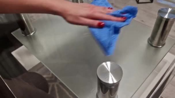 Woman Cleaning Wiping Glass Table Microfiber Cloth Living Room Housekeeping — Stock Video