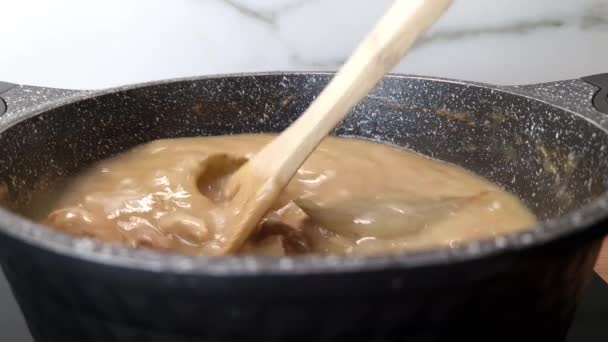 Preparation Traditional Polish Goulash Sauce Pork Ham Onion Spices Close — 비디오