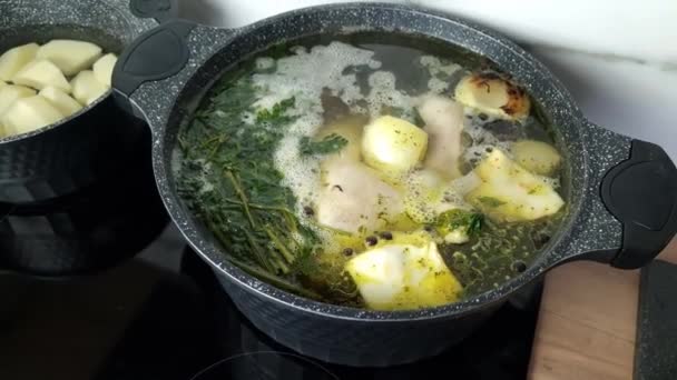 野菜やスパイスを鍋にストーブの上で調理鶏のスープ 自家製ディナーの準備 — ストック動画