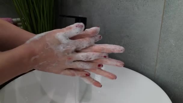 Woman Uses Soap Washes Hands Water Tap Hygiene Concept — Stockvideo