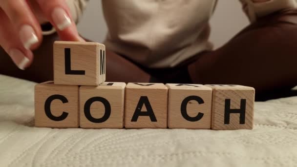 Woman Composes Text Life Coach Wooden Blocks Mentoring Inspiration Motivation — Vídeo de Stock