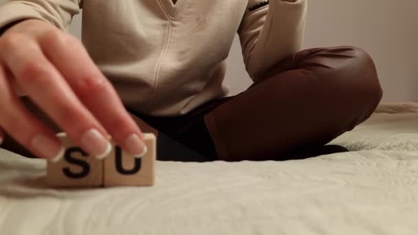 Woman Composes Word Success Wooden Blocks Business Motivation Career Concept — Stok video
