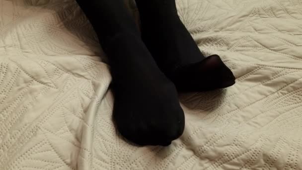 Feet Woman Wearing Black Pantyhose Closeup — Stock Video