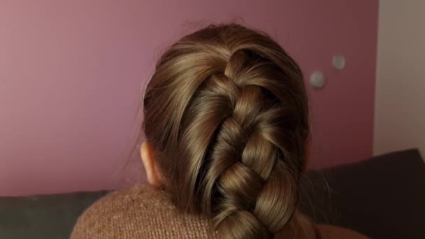 Festive Hairstyle Braid Child Girl Long Hair Childhood Concept — Video Stock