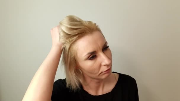 Beautiful Blond Girl Dressed Casual Clothes Touches Her Hair Lifestyle — Stockvideo