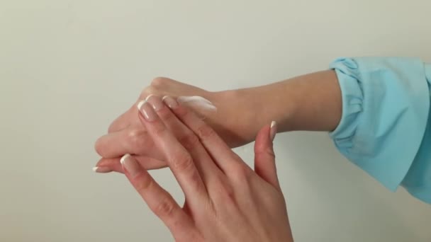 Young Woman Applying Cream Her Hand Body Care Beauty Concept — Vídeo de Stock