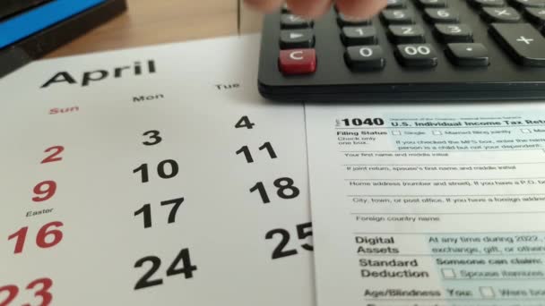 Tax Payment Day Marked Calendar April 2023 1040 Form Financial — Vídeo de stock