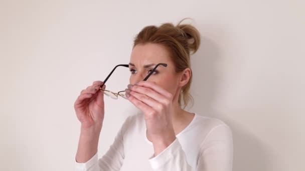 Beautiful Woman Putting Glasses Eyesight Vision Concepts — Video