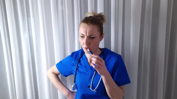 Young Female Doctor Smokes Cigarette Medical Pharmaceutical Concept Stressed Physician — Stockvideo