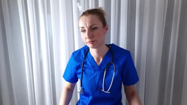 Clueless Upset Helpless Resigned Young Female Doctor Has Answer Healthcare — Stok video