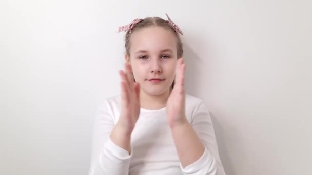 Happy Cute Little Caucasian Girl Clapping Hands Applause Congratulations Success — Stockvideo