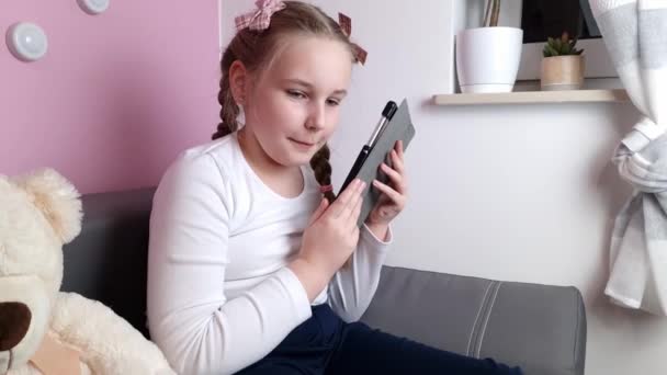 Cute Little Girl Using Tablet Video Call Female Kid Talking — Vídeos de Stock