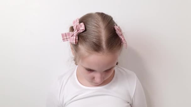 Sad Little Caucasian Child Girl White Background Feeling Guilty Family — стоковое видео
