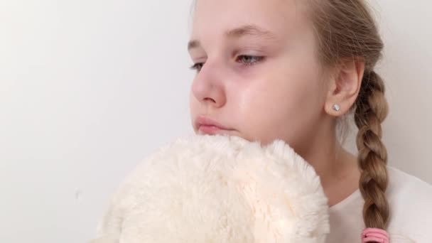 Sad Unhappy Little Girl Holding Plush Toy White Background Psychological — Video Stock