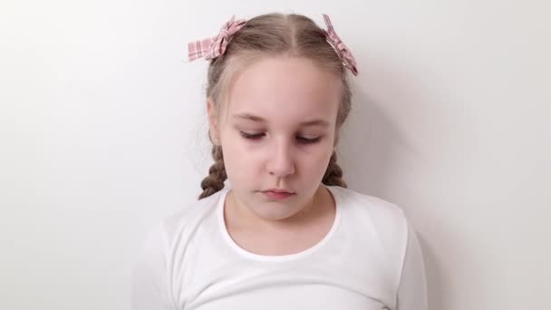 Sad Stressed Little Girl Expressing Negative Emotions Sorrow Bad Mood — Stockvideo