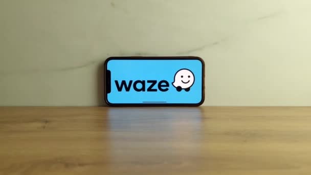Konskie Poland May 2023 Waze Gps Navigation App Logo Displayed — Stock Video