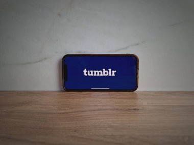 Konskie, Polonya - 08 Haziran 2023: Tumblr sosyal ağ web sitesi logosu cep telefonu ekranında gösterildi