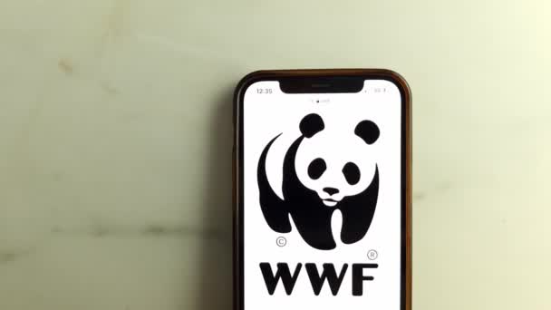 波兰Konskie 2023年6月8日 世界自然基金会 Wwf World Wide Fund Nature 组织的标志在手机屏幕上展示 — 图库视频影像