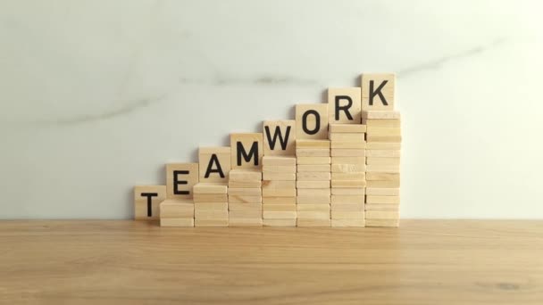 Word Teamwork Aus Holzklötzen Geschäftsstrategie Herausforderung Motivationskonzept — Stockvideo